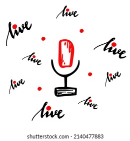 Mic with live button sketch vector illustration. Hand drawn microphone, audio equipment symbol. Studio voice record element. Podcast interview icon.