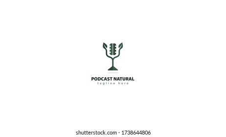 Mic logo design that symbolizes the podcast combined with leaves that symbolize natural. vector