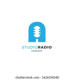 Mic logo with letter A for Radio or Podcast Studio, Microphone icon. Audio, element. Premium vector