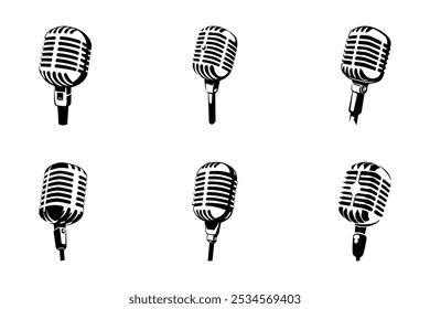 Mic logos icons, Microphone set vector illustration, Collection of condenser microphone silhouette