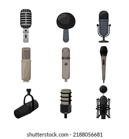 mic microphone music set cartoon. radio karaoke, audio studio, sound voice, stage concert mic microphone music vector illustration