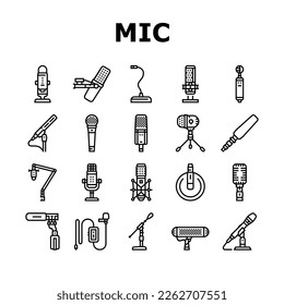 mic microphone voice podcast icons set vector. audio music, sound mike, speech studio, interview web button, vocal karaoke record mic microphone voice podcast black contour illustrations