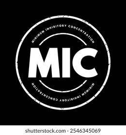 MIC Minimum Inhibitory Concentration - lowest concentration of a chemical, usually a drug, which prevents visible growth of a bacteria, acronym text concept stamp