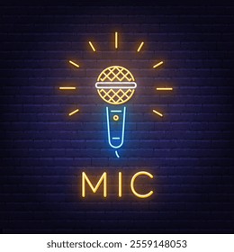 Mic Neon Sign on brick wall background.