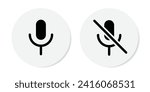 Mic on and mic off icon set in black and white color with shadows. Microphone on and microphone off in black. Microphone mute icon - Vector Icon