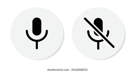 Mic on and mic off icon set in black and white color with shadows. Microphone on and microphone off in black. Microphone mute icon - Vector Icon