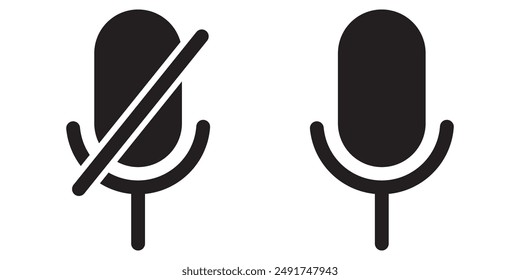 Mic on and mic off icon set. Microphone on and microphone off in black. Microphone mute icon - Vector Icon.