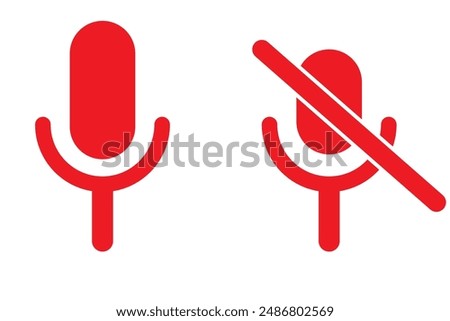 Mic on and mic off icon set in black and white color with shadows. Microphone on and microphone off in black. Microphone mute icon - Vector Icon

