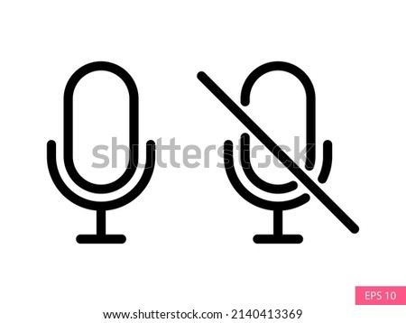 Mic on, Unmute, Enable Microphone and Mic off, Mute, Disable Microphone vector icons in line style design for website design, app, UI, isolated on white background. Editable stroke. EPS 10 vector.