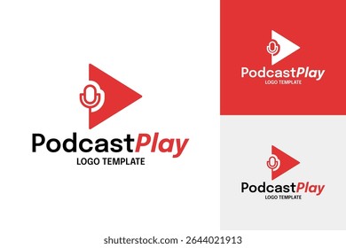Microfone com botão de reprodução para mídia de podcast ilustração do vetor do modelo de design do logotipo