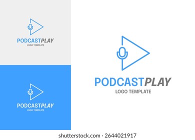 Microfone com botão de reprodução para mídia de podcast ilustração do vetor do modelo de design do logotipo