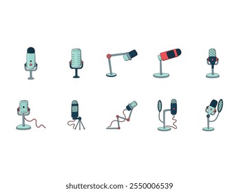 Conjunto de elementos de diseño de podcast de micrófono 
