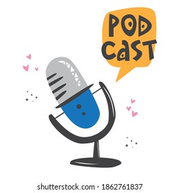 Mic and speech, media tools,  speech bubble doodle icon. Sound recording device, media equipment for podcast. Microphone, broadcasting facilities color drawing. Podcast icon