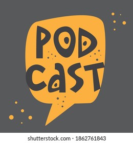 Micrófono y discurso, herramientas de medios, ícono de garabato de burbuja de habla. Dispositivo de grabación de sonido, equipo de medios para podcast. Micrófono, sistema de radiodifusión, dibujo a color. Icono de podcast