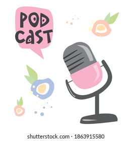 Mic and speech, media tools,  speech bubble doodle icon. Sound recording device, media equipment for podcast. Microphone, broadcasting facilities color drawing. Podcast icon