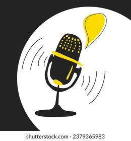 Mic and speech, media tools, speech bubble doodle icon. Sound recording device, media equipment for podcast. Microphone, broadcasting facilities colour drawing. Podcast icon