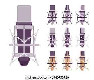 Mic in a spider microphone shockmount set. Anti vibration and isolation equipment for perfect sound. Vector flat style cartoon illustration isolated on white background, different colors and views