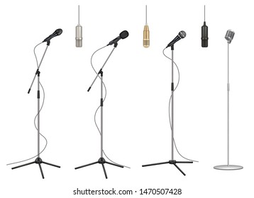 Mic Stand. Realistic Music Microphones Sound Studio Professional Equipment Vector Pictures Collection. Mic Audio For Studio, Stand Microphone To Concert Illustration