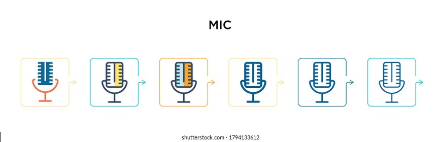 Mic vector icon in 6 different modern styles. Black, two colored mic icons designed in filled, outline, line and stroke style. Vector illustration can be used for web, mobile, ui