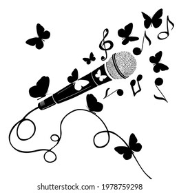 Mic vector icon. Microphone with butterflies and notes. Vocal abstraction. Vector illustration