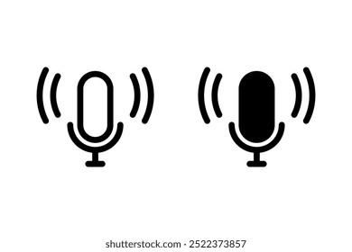 Mic voice over icon or studio microphone recording podcast pictogram silhouette line black white graphic clipart simple design, radio sound assistant speaker button, color editable