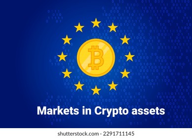 MiCA - Markets in Crypto assets regulation flag of European Union and map of Europe background. Eu sign. Vector illustration