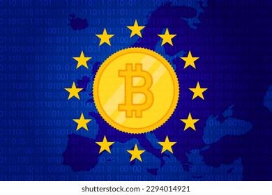 MiCA - Markets in Crypto assets regulation flag of European Union and map of Europe background. Eu sign. Vector illustration