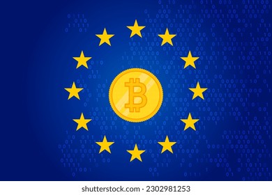 MiCA - Die Märkte in Crypto - Regulierung von Vermögenswerten Flagge der Europäischen Union und Karte von Europa Hintergrund. EU-Unterschrift. Vektorgrafik