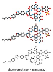 Micafungin antifungal drug molecule. Stylized 2D renderings and conventional skeletal formula.