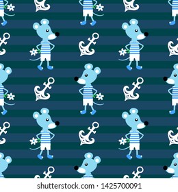Mice and anchors. Vector pattern with animal mice and anchors on a striped background . For textile, fabric, background, wrapping paper.