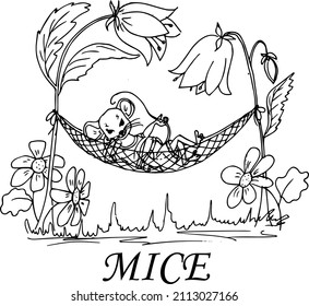 mice. Black and white linear illustration depicting children's funny mice ,coloring book for children and adults,line art wall art,posters,shaft art,stained glass style,abstraction,vector.