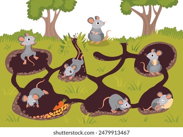 Mice in burrows. Cartoon animals in hole connected by underground passages. Cute rodents sleep, eat and dig ground. Forest creature. Rats in soil hollow tunnels. Splendid