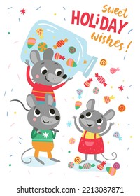 
Mice and candy. New Year's Christmas card