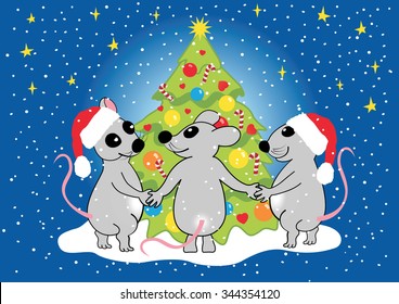 Mice celebrate Christmas near a Christmas tree. Drawing, vector illustration.