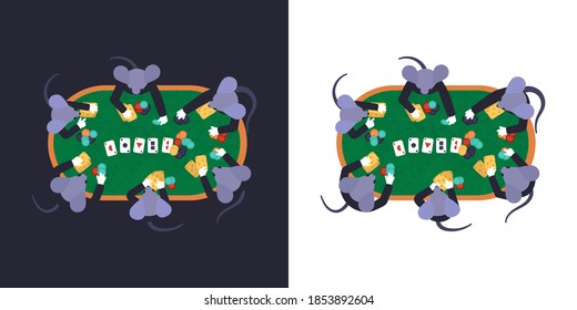 
Mice characters playing poker. View from above on white and black background and negative space. Funny animals in suits with cards and chips. Full house combination. Green table. Grey mouse