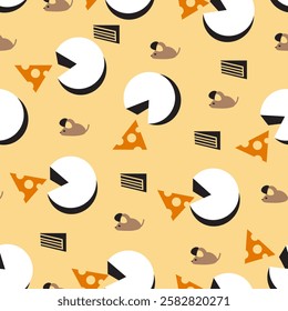 Mice in Cheese Land Fun Cute Food Pattern. This seamless food-themed design is perfect for adding a touch of whimsy to kitchen textiles, children's clothing, with an adorable cheese-and-mouse theme.