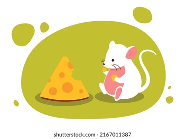 Mice with cheese. Rat with protein food, Chinese tradition. Poster or banner for website, picture for printing on childrens clothing. Fat white animal eating. Cartoon flat vector illustration