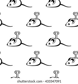 Mice childish vector seamless pattern. Isolated element mouse. Cute background. Monochrome wrapping, Graphic. repeated object. Clockwork toy with key. Black silhouette little mousy. Repetition