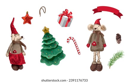 Ratones, árbol de Navidad, regalo, rama de árbol de Navidad, cono de pino. Ilustración vectorial de un conjunto de stickers. Tarjetas, invitaciones, volantes, pancartas, portadas.