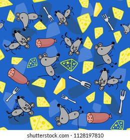 Mice are cute fun with sausage and cheese and forks on blue background.Print for textiles, fabric, wrapping paper, Wallpaper, background, postcards.