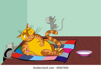 Mice dance on a lying cat