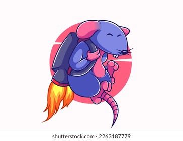 Mice fly using a jetpack character icon vector illustration, flat cartoon style.