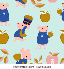 Mice and golden apples in a seamless pattern design,perfect to use on the web or in print for surface design