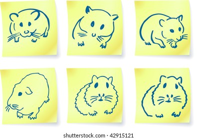 mice and hamsters on post it notes original vector illustration 6 color versions included