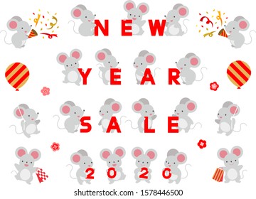Mice illustration set for New Year sale 2020 (with NEW YEAR SALE 2020 alphabet letters, having lucky bags, balloons, use the poppers)