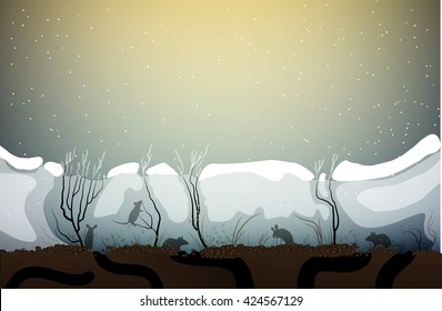 mice life under the snow,  animal life in winter weather, vector