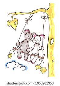 Mice lovely girl and boy swing on swing. Swing hangs on the cheese tree. Love card 