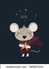 Mice mouse baby princess in crown. Christmas New Year symbol 2020. Holiday winter card. Cartoon animal character illustration. For print, poster, calendar, decoration, textile, card, souvenirs