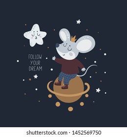 Mice mouse baby and star. New Year symbol 2020. Holiday card. Follow your dream. Cartoon animal character illustration. For print, poster, calendar, decoration, textile, card, souvenirs