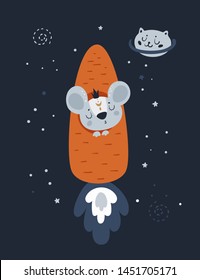 Mice mouse in rocket and cat planet in space. New Year symbol 2020. Vector holiday. Isolated cartoon animal character illustration. For print, poster, calendar, decoration, textile, card, souvenirs
